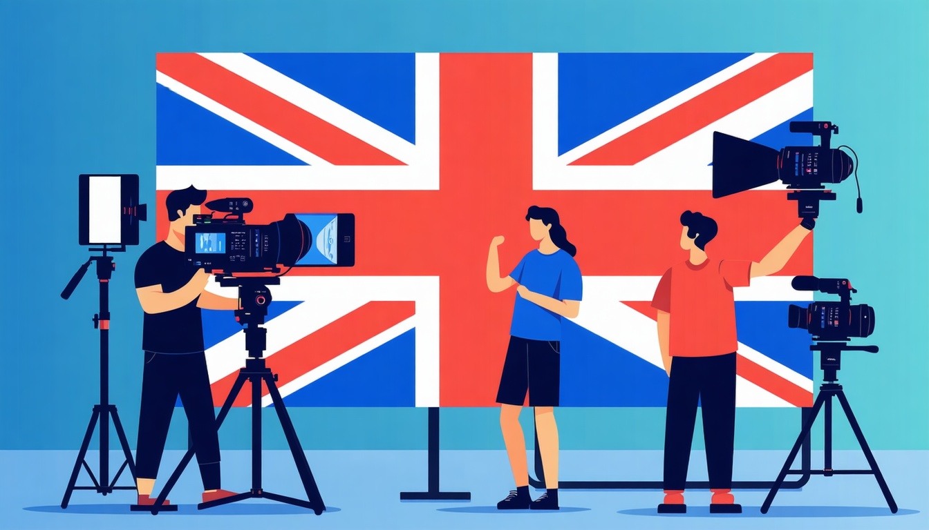 video production team with UK flag flat vector